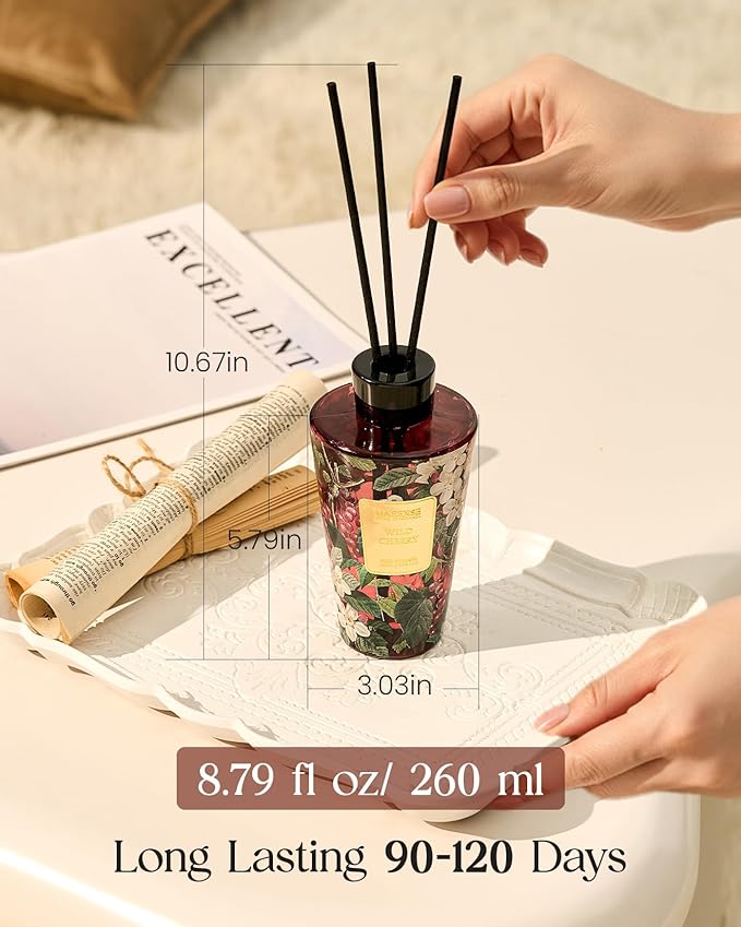 M&SENSE Wild Cherry Reed Diffuser Set - 8.79fl oz Home Fragrance Non-Toxic Natural Essential Oil Diffuser with Sticks, Air Freshner Gifts for Home Fragrance Decor