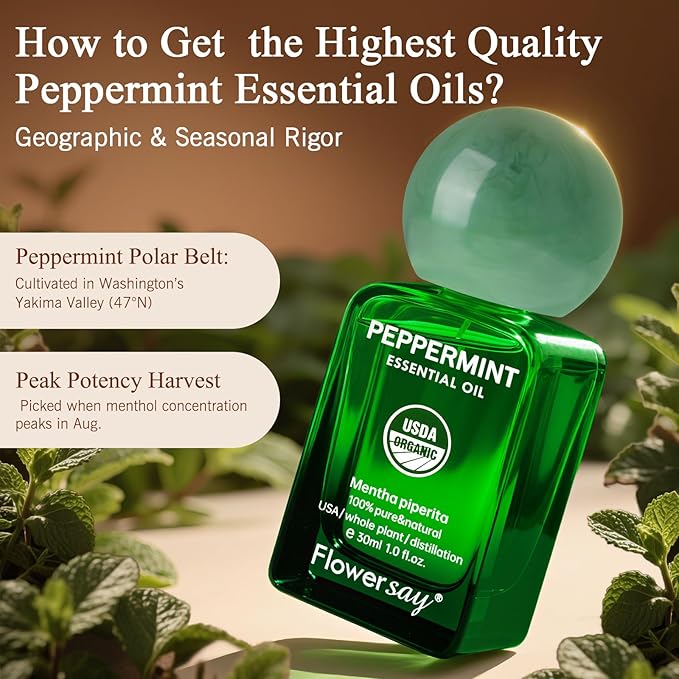 Flower Say Peppermint Essential Oil for Diffuser, USDA Organic Mint Oil for Hair Growth, 100% Pure Peppermint Oil for Skin, Aromatherapy, Candle Making & Garden Care-30ml