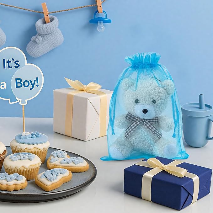 ANZNKU 100 Pack Organza Bags 5x7 Inch, Mesh Bag Drawstring Mesh Gift Bags Packaging Bag for Baby Shower, Party Favors(Lake Blue)