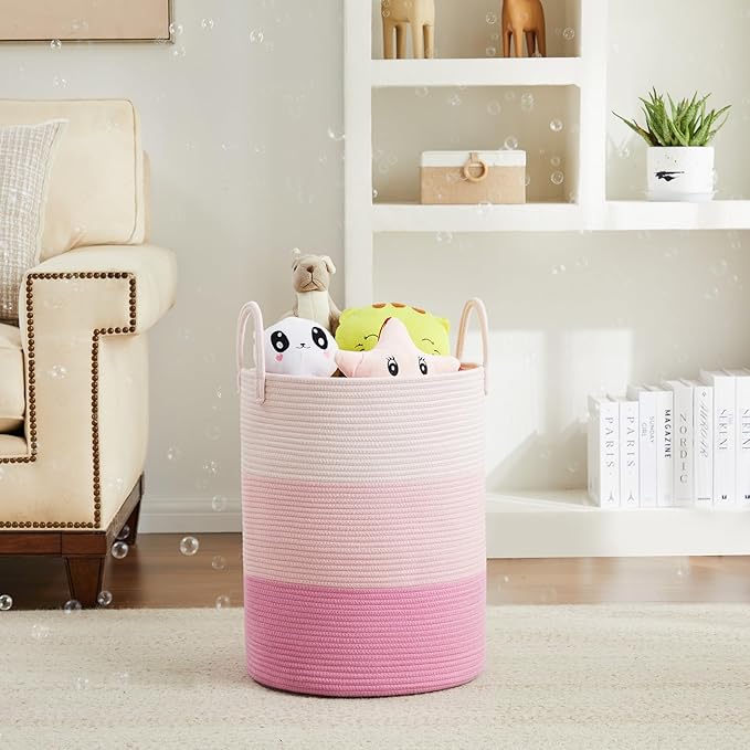 Fiona's magic Cotton Rope Laundry Hamper, Tall Woven Laundry Basket Storage, Baby Nursery Hamper for Blankets, Toys and Clothes Hamper for Bedroom and Living Room Organizing, 72L, Pink
