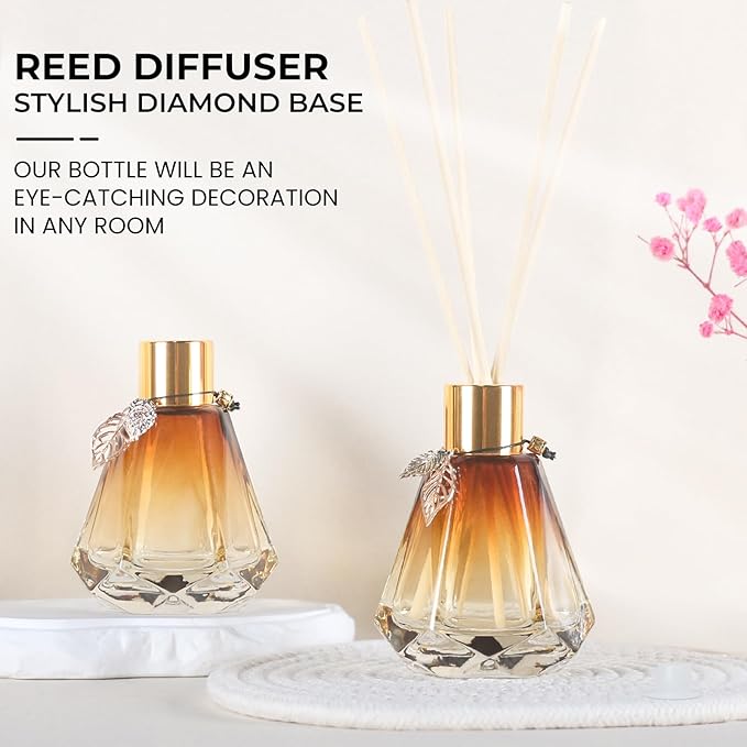 4pcs Reed Diffuser Empty Bottles With 20pcs Sticks, Delicate Gold Leaf Decor, Glass Fragrance Set With Lids for Home, Bathroom | Refillable, Diamond Style Gold