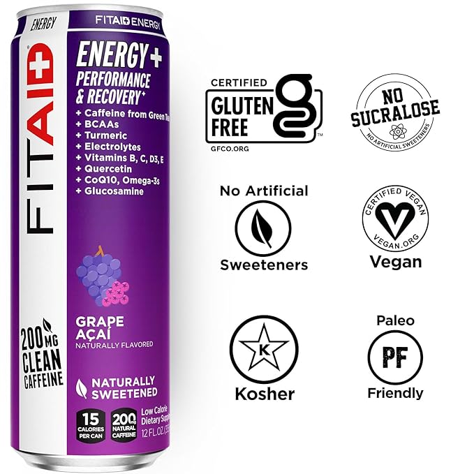 LIFEAID FITAID Energy Grape AÇAI, 200mg Natural Caffeine, Keto, Pre-Workout Performance: BCAAs, Quercetin, Electrolytes, Omega-3s, 15 Calories, Paleo, Vegan & Gluten-Free,12-oz (Pack of 24)