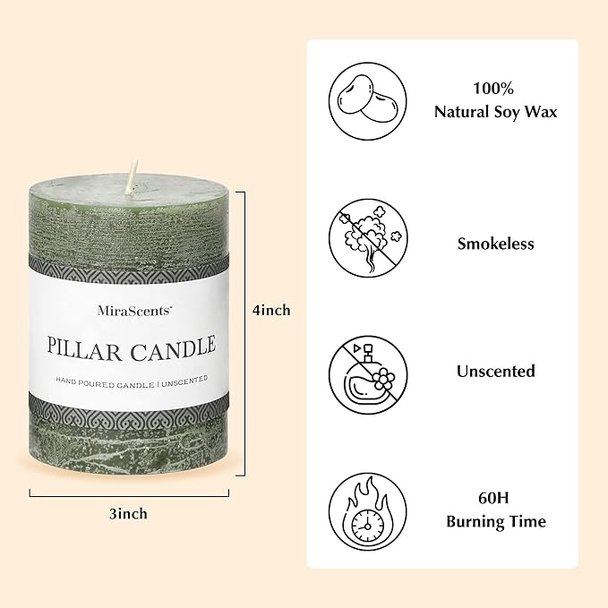3x4 Inch Moss Green Pillar Candles Set of 3 - Unscented Spring Candles, Long Clean Burning, Large Big Candles, Smokeless Dripless Candles for Spring Home Decor, Dinner Table, Bathroom, Rustic Decor