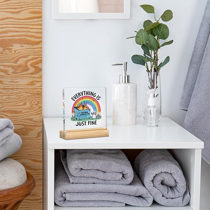 Emotional Support Dumpster Fire Mental Health Decor Motivational Funny Coworker Gifts for Women Men, Therapy Office Acrylic Sign With Wooden Decoration for Bedroom Dorm Apartment Accessories Decor