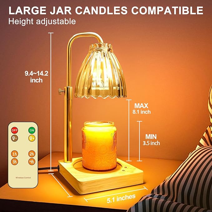 Candle Warmer Lamp with Timer Electric Wax Warmer for Scented Wax Melt Warmer Melter for Jar Candles Touch and Remote Control Dimmable Adjustable Height Gifts for Women 2 Bulbs,Flower Glass
