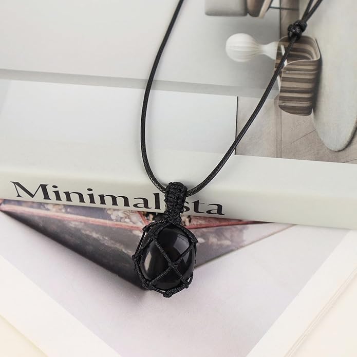 Handmade Natural Gemstone Crystal Pendant Necklace Stone Holder Necklace Cord Net Necklace with Adjustable Length for Women Men