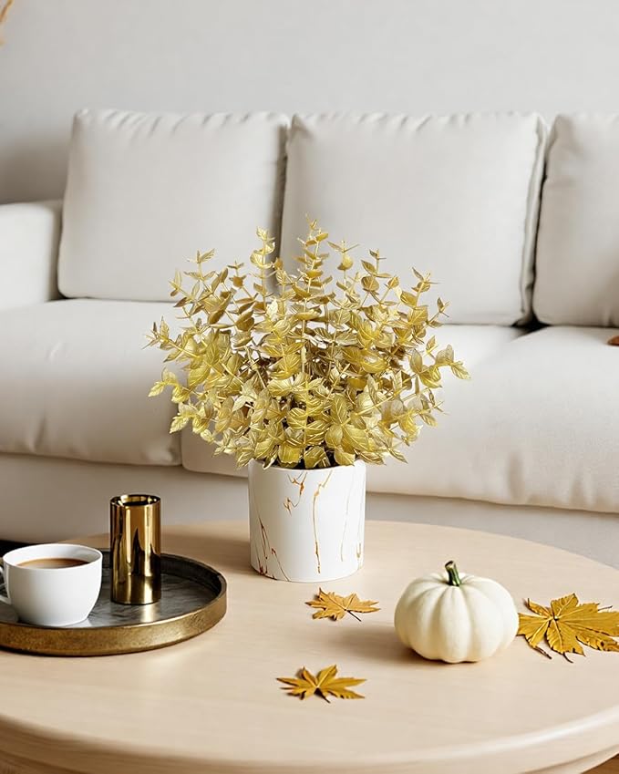 2 Pack Gold Artificial Eucalyptus Plant in Marble Pot, Faux Potted Greenery for Home Decor, Wedding Centerpiece, Christmas Table Decoration, Office Desk & Housewarming Gift
