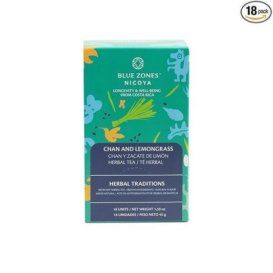 Blue Zones Nicoya - Chan & Lemon Grass Flavored Tea Bags - 100% Natural, Organic, and Refreshing - High Micronutrients - Gluten, Caffeine, Sugar-Free - Pack of 18 (1.59 oz/ 45 g)