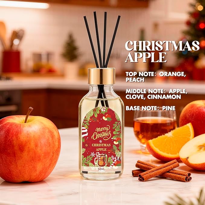Reed Diffuser of 3 Pack, Fir & Cedar Gingerbread Delight Christmas Apple Oil Diffuser Set with 15 Sticks, Bathroom Air Freshener, Aromatherapy Reed Diffusers for Home, Office, Gift, Total 5.1 Fl. Oz