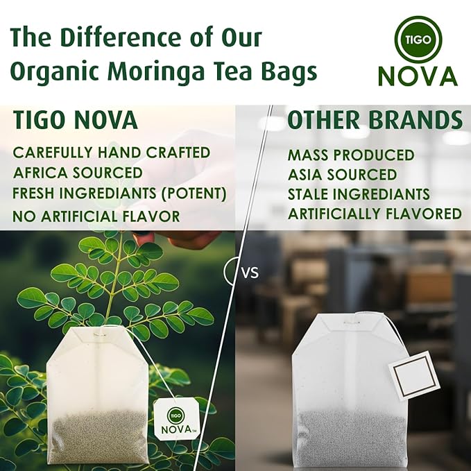 Premium Organic Moringa Tea Bags, 100% Natural and Organic Ingredients, Caffeine free | Authentic African Origin | Eco-conscious Teabags (15 count) Immune System & Digestion Support Herbal Tea