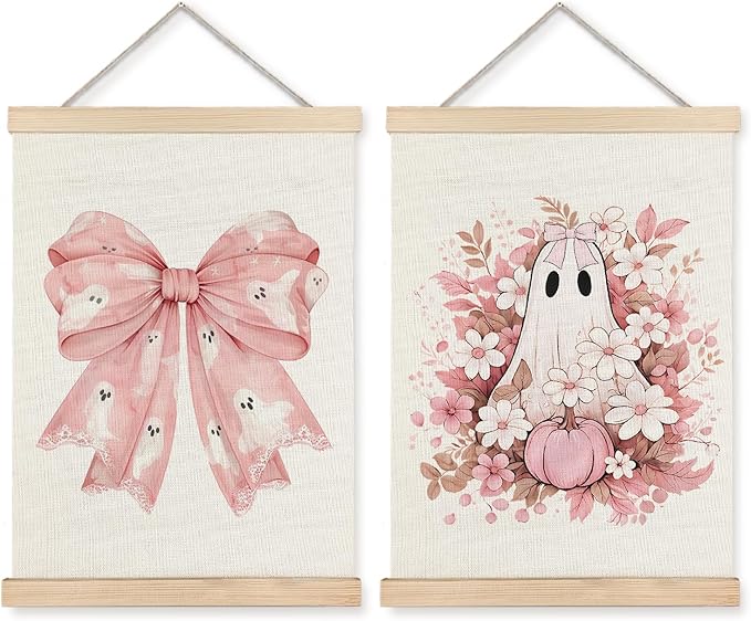 Exqcom Coquette Pink Bow Floral Halloween Ghost Wall Decor Set of 2, Preppy Pink Fall Pumpkin Floral Wall Art Poster, Halloween Ghost Posters for Girly Room Bedroom Dorm Apartment Home, 12x16 Inches