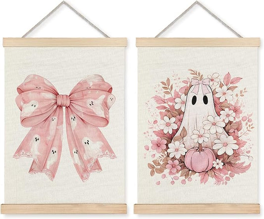 Exqcom Coquette Pink Bow Floral Halloween Ghost Wall Decor Set of 2, Preppy Pink Fall Pumpkin Floral Wall Art Poster, Halloween Ghost Posters for Girly Room Bedroom Dorm Apartment Home, 12x16 Inches