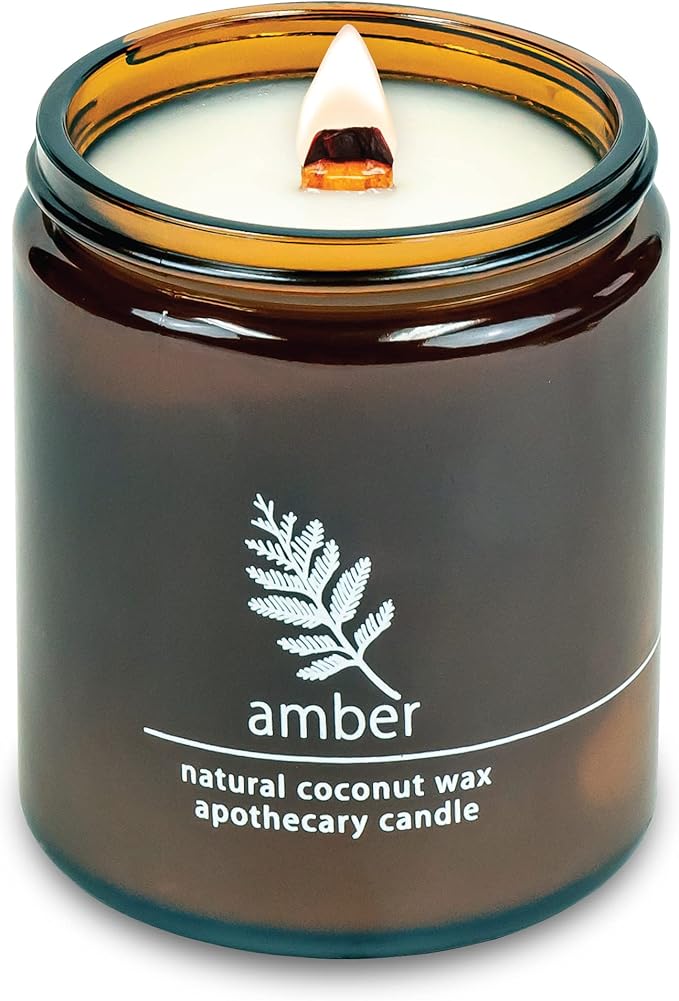 Crackling Wood Wick Candle Handcrafted with Natural Coconut Wax and Essential Oils (Amber, Standard 8 oz), White