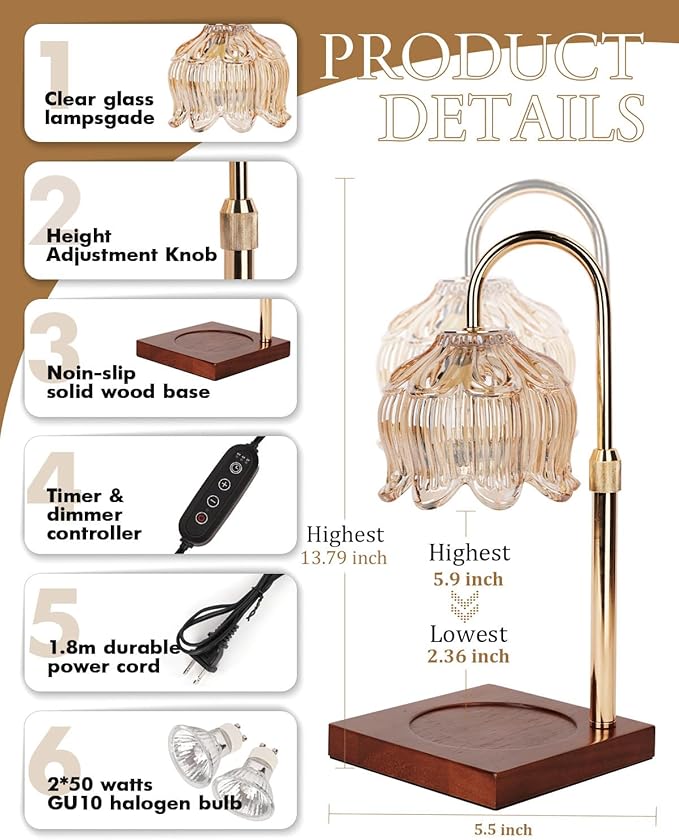 Candle Warmer Lamp with Timer Dimmable, Height Adjustable Birthday Gifts for Women Mom House Warming, Home Decor, Lotus Flower Candle Lamp Warmer 2 Bulbs Inc (Amber)