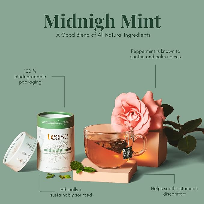 Tease Tea Organic Peppermint Tea - Midnight Mint Digestive Health Herbal Drink, Stomach Relief Caffeine Free Drink Made with Peppermint, Spearmint, and Peach For Calming and Soothing Blend