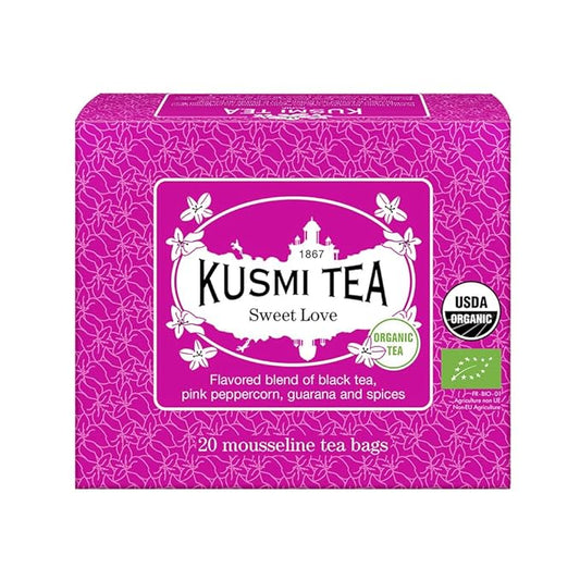 Kusmi Tea - Sweet Love - Organic Black Tea - Blend of Black Tea, Pink Pepper, Guarana and Spices - Smooth, Flavourful, Caffeinated Tea - Box of 20 Tea Bags