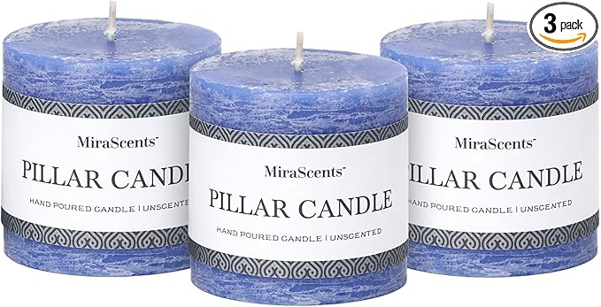 3x3 Inch Blue Pillar Candles Set of 3 - Hand-Poured Unscented Candle, Long Clean Burning, Large Big Candles, Smokeless Dripless Candle for Dinner Table, Wedding, Home, Bathroom, Rustic Decor