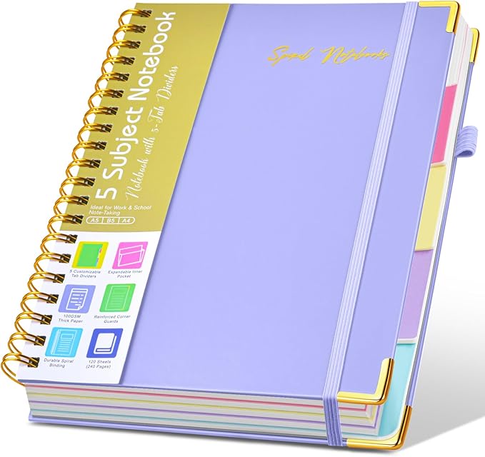 Hardcover Spiral Notebooks for Work, 5 Subject Notebook College Ruled with Dividers Tabs, 8.5" x 11" Lined Notebook Journal for Women, A4 Large Notebooks for School Note Taking, 240 Pages Purple