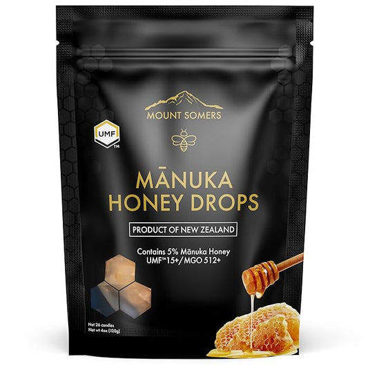 Mount Somers UMF 15+ Manuka Honey Drops - 26pcs Soothing Throat Lozenges from New Zealand, Natural Relief for Sore Throats