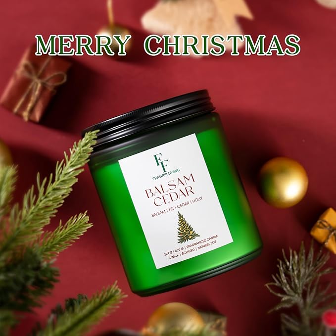 Large Christmas Candle Balsam Cedar Scented, 3-Wick 22oz Long Lasting Scented Candle, Natural Soy Wax Aromatherapy Candle for Home, Holiday Candle Gifts for Women Men