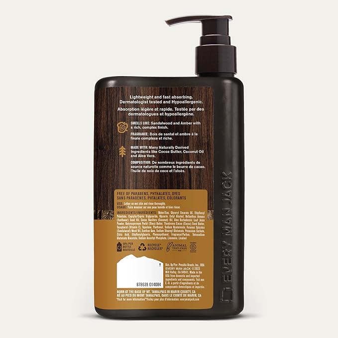 Every Man Jack Mens Amber + Sandalwood Hand & Body Lotion for All Skin Types - Dermatologist Tested & Hypoallergenic - Nourish Skin with Lightweight Fast Absorbing Lotion - 13.5oz 2 Bottles
