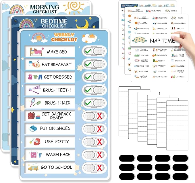 3 in 1 Bedtime/Morning/Weekly Routine Chart for Kids, Magnetic Chore Chart for Kids, Visual Schedule for Kids Toddlers Schedule Board for Home