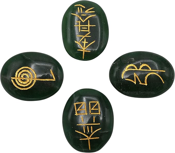 Amazing Gemstone Green Aventurine Crystal Reiki Stones with Engraved Symbols for Usui Reiki Healing, Set of 4 Pcs (Indian Handmade Reiki Gift Set)