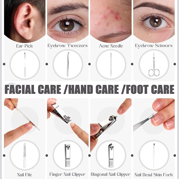 Geosar 12 Set 8 in 1 Manicure Set Stainless Steel Nail Clippers Kit Pedicure Care Tools with Leather Case Travel Grooming Kit Gift for Women Men(Glitter Silver)