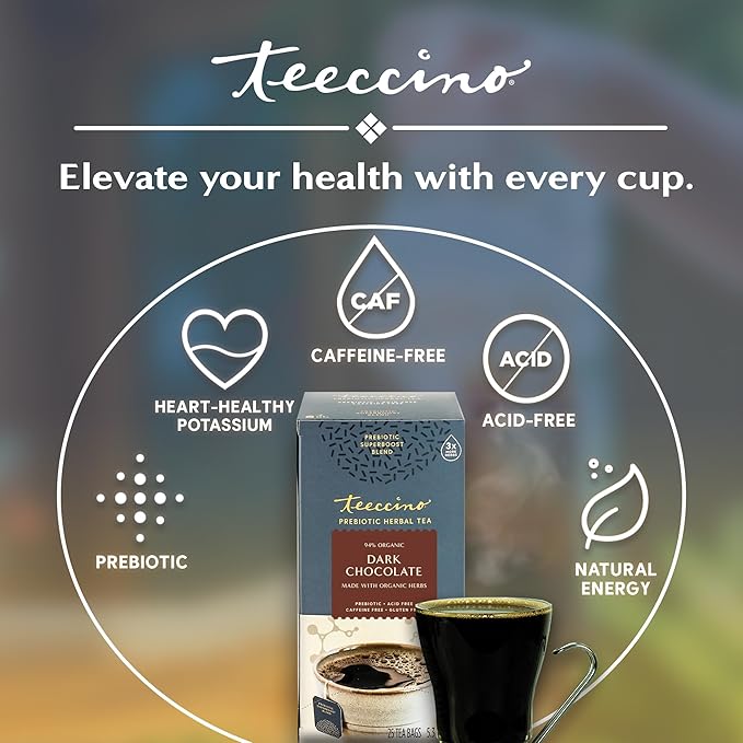 Teeccino Dark Chocolate Prebiotic SuperBoost™ Herbal Tea - Support Your Probiotics with Vegan GOS & Organic XOS For Good Gut Health and Regularity, 25 Tea Bags