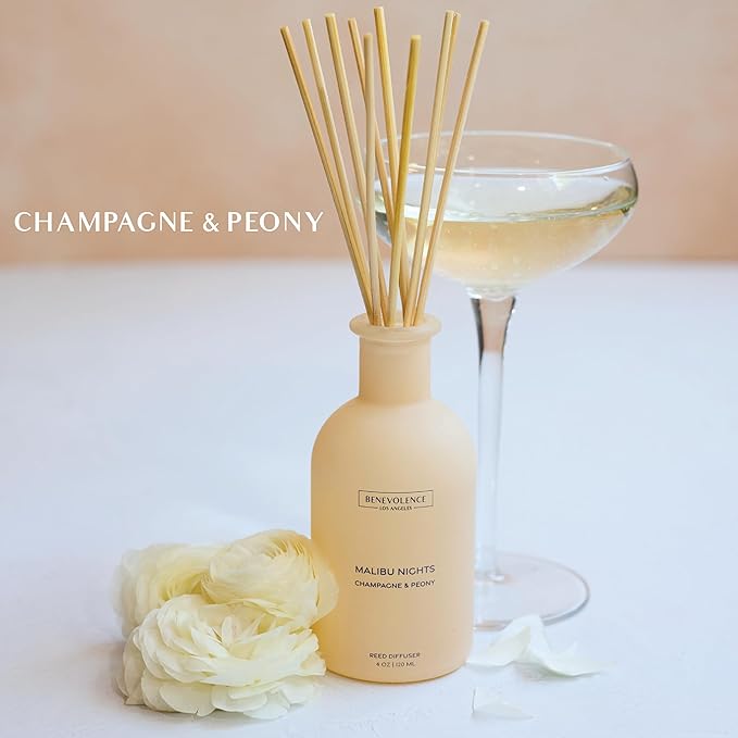 Benevolence LA Reed Diffuser - Champagne & Peony | Luxurious Home & Bathroom Decor | Long-Lasting Scent Diffusers for Home - Malibu Sands Collection