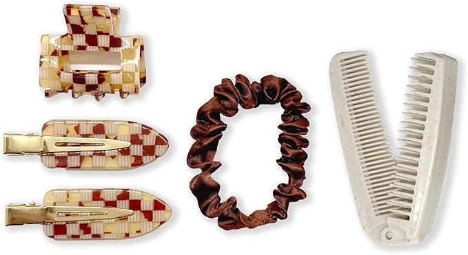 Bonks GoGo Kit - Hair Care Kit Espresso - Portable Hair Accessories Pouch for Women & Teens - Includes Mini Claw Clip, Seamless Hair Pins, Silky Hair Tie & Folding Comb - Compact Travel Essential