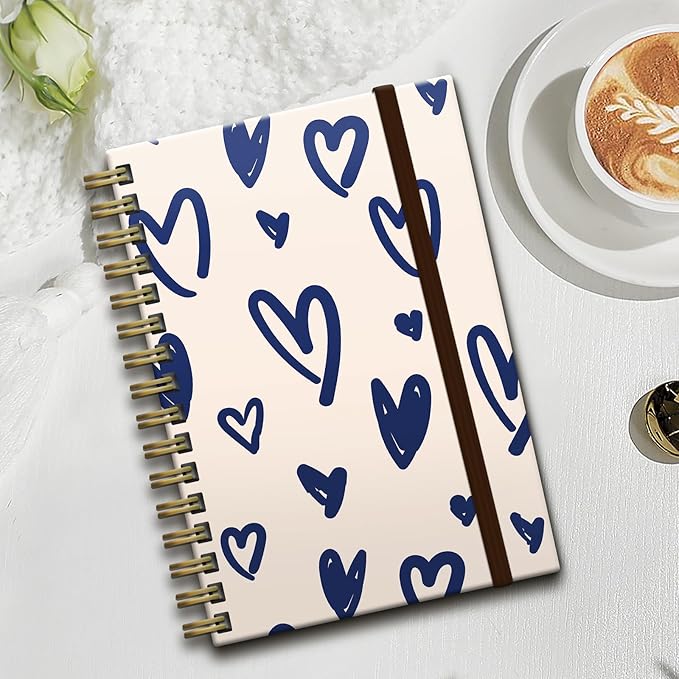 Cute Spiral Notebook, Journal for Women, Hardcover Spiral Journal, 5.5 x 8.3 Inches, 120 Pages,100gsm Paper, for Gifts Nurse Teacher Women Office Supplies(Cute Blue Heart)