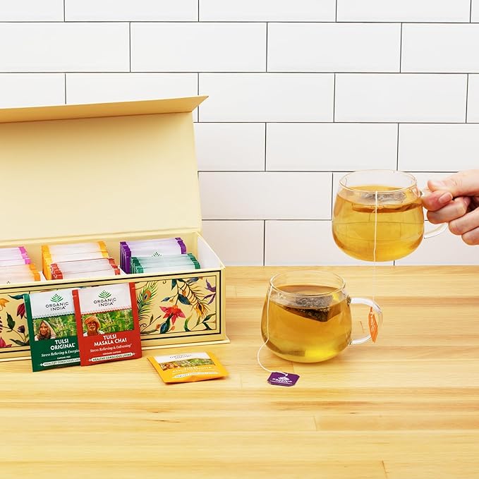 Organic India Tea Sampler Box Variety Pack - Tulsi Herbal Tea Gift Set, Hot Tea Assortment, Holy Basil, Ashwagandha, Turmeric Ginger, Sweet Rose, Original, Sleep, Masala Chai - 60 Tea Bags