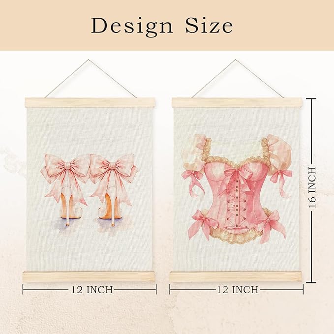 Exqcom Coquette Pink Bow High Heels Dressers Wall Art Poster, Coquette Room Dorm Decor, Pink Girly Aesthetic Posters for Girls Bedroom Dorm Bathroom Apartment, 12x16 Inches Set of 2