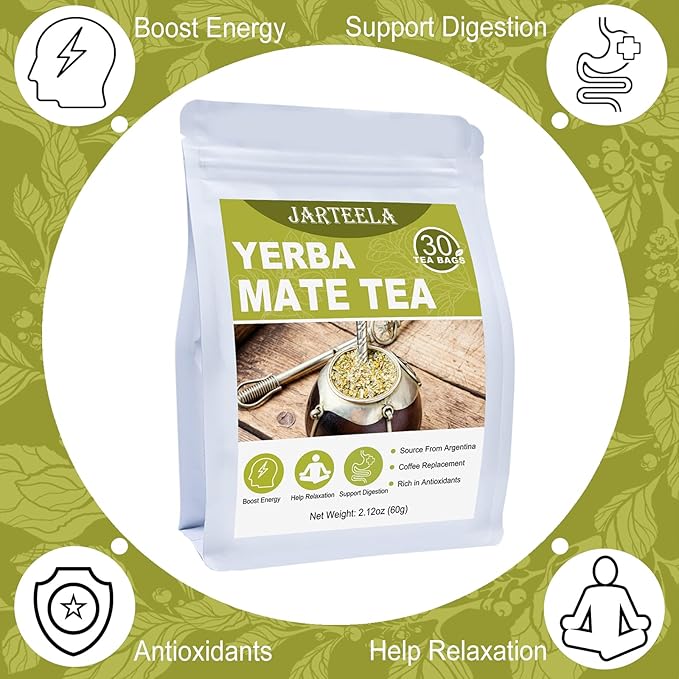 Jarteela - Yerba Mate Tea Bag, 2g x 30 Count - Unsmoked Mate Tea from Argentina - Yerba-mate Tea Bags for Relaxation - Perfect Coffee Replacement