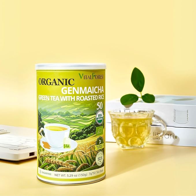 5.29oz Organic Genmaicha Green Tea with Roasted Rice, 50 Count, Unbleached, ECO-Conscious Genmaicha Tea Bags, VitalForest Roasted Green Tea Brown Rice Tea