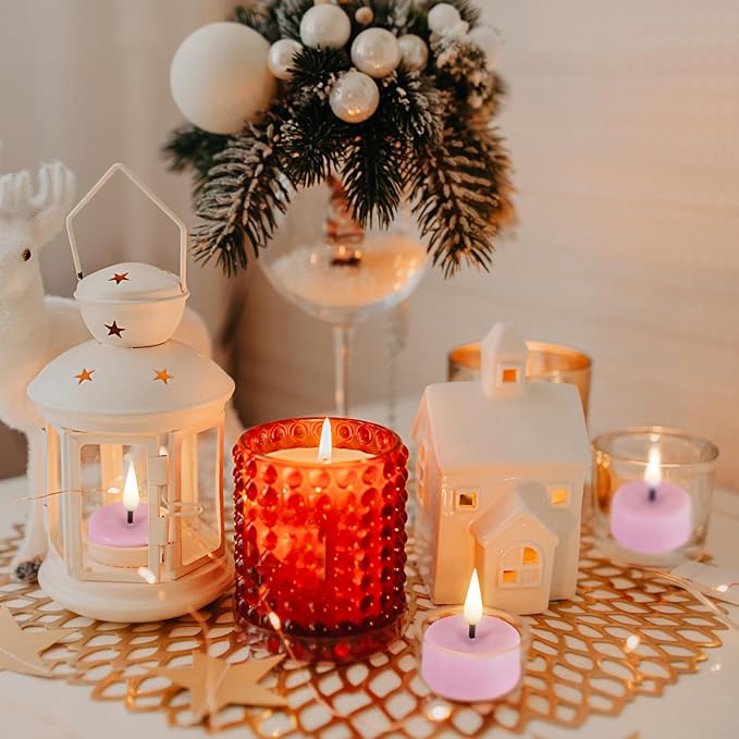 Eywamage Pink Flameless Wax Tealights with Remote Timer, Flickering Colored LED Battery Tea Votive Candles Set of 10