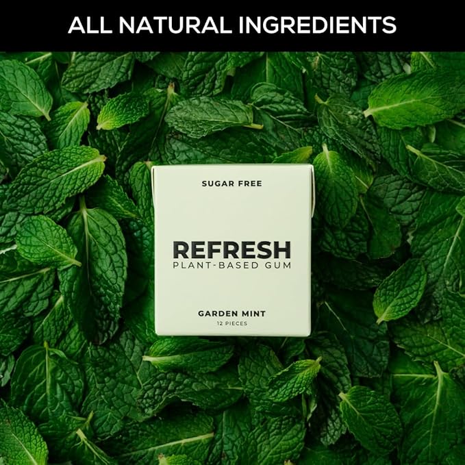 Refresh Gum, Xylitol, Natural, Sugar Free, Long Lasting, Plastic Free, Natural Flavors & Organic Ingredients, Plant-Based, Low Calorie, Non GMO, Gluten Free, Vegan, Garden Mint Flavor, 12 Pcs, 6 Pack
