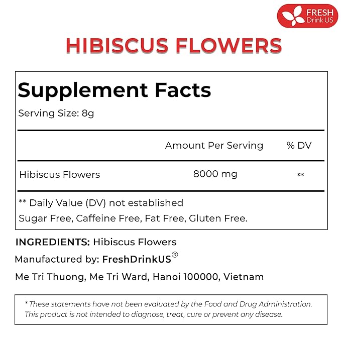 FreshDrinkUS, 6oz Hibiscus Dried Flowers, 100% Natural, Pure from Hibiscus Flowers. Loose Flower Hibiscus Herbal Tea. Hibiscus Flower Tea. No Sugar, No Caffeine, No Gluten, Vegan.
