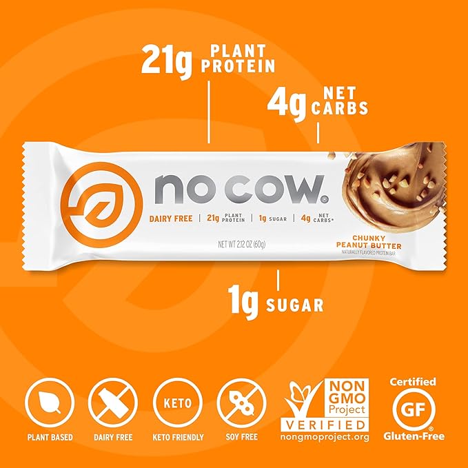 No Cow Vegan Protein Bars, Upgraded Chunky Peanut Butter | 20g Plant Based Protein, Gluten Free, Dairy Free, Soy Free, Keto Friendly, Low Sugar, High Fiber Snack Bars | Pack of 12