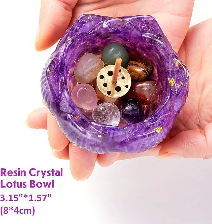 15pcs Set Amethyst Resin Crystal Lotus Incense Burner with 40 Incense Sticks and Removable Ash Collector - Protect Energy for Meditation Room, Yoga & Home Decor Birthday Lover Gift