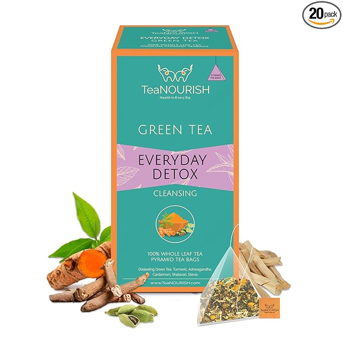 TeaNOURISH Everyday Detox Green Tea Bags | 20 Count Pyramid Tea Bags | Darjeeling Whole Leaf Tea | 100% Natural Turmeric, Ashwagandha, Cardamom, Shatavari, Stevia