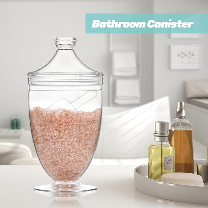 Large Acrylic Jar with Lid 46 oz, Bath Salt Container with Scoop, Shatterproof Apothecary Jar for Bathroom, Laundry Room, Kitchen, Candy Buffet