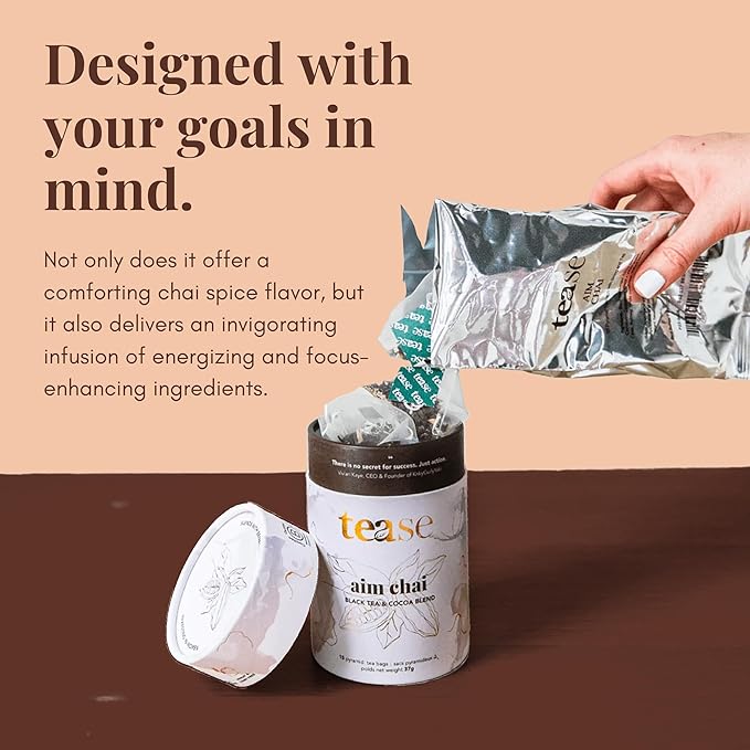 Tease Tea Loose Chai Tea - Aim Chai Organic Tea, Organic Spiced Chai, Caffeinated Herbal Tea Made with Black Tea, Ginger, Cocoa Beans and Nutmeg for an Energizing and Immunity Boosting Support