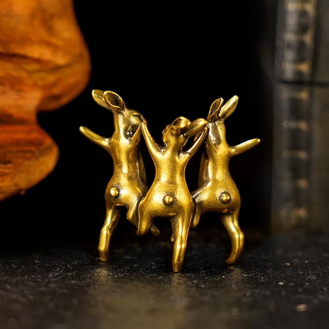 CHOVY Dancing Rabbits Trio - 100% Solid Brass Sculpture, Vintage Whimsical Home Decor, Interlocking Joyful Bunny Figurine for Easter & Spring, Unique Gift Idea, Handcrafted Collectible Art Piece