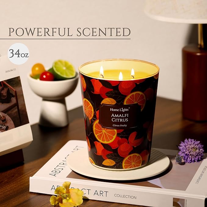 HomeLights 3-Wick Candles for Home Scented - 34oz Soy Wax Blend Candle Long-Lasting Fragrance, Eclectic Mixed Styles Home Decor and Housewarming Gifts, Amalfi Citrus