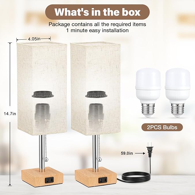 Fenmzee Table Lamp for Bedroom Set of 2 Nightstand - 3 Color Bedside Lamps with AC Outlets for Charging, Square Wooden Night Stand Light Lamp for Living Room, Office Desk