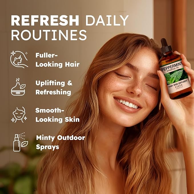 KUKKA Peppermint Essential Oils - 4 Fl Oz - for Hair, Skin, Diffuser, Aromatherapy & DIY Soap Making Scent