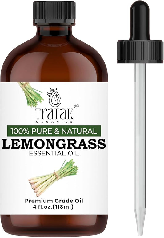 Lemongrass Essential Oil - 4 Fl Oz – 100% Natural Lemongrass Oil - for Diffuser, Face, Skin Care, Aromatherapy, Hair Care, Scalp and Body Massage - with Glass Dropper