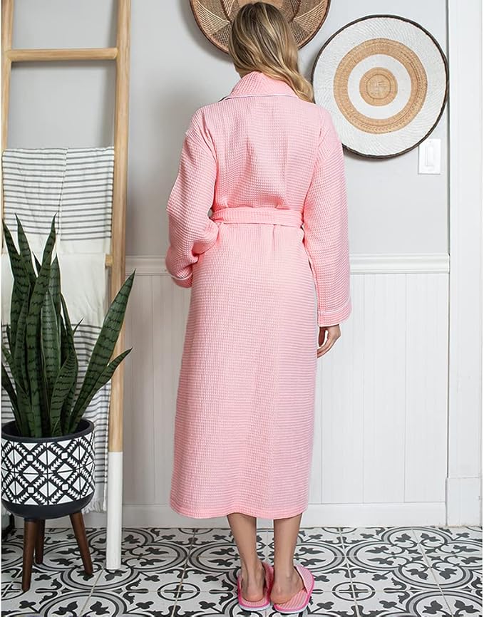 Lotus Linen Waffle Robes for Women - Lightweight Cotton Kimono Bathrobe - Long Soft Spa Bath Robe